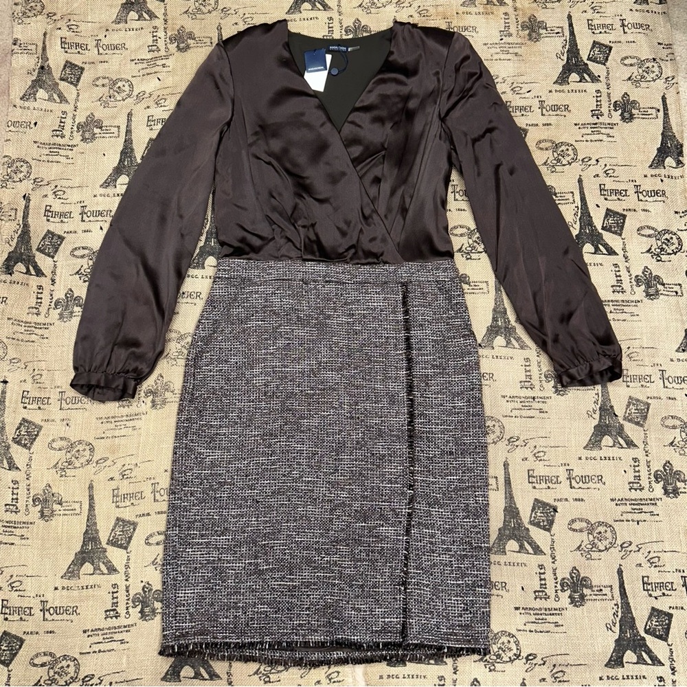 Magaschoni Collection NWT! Dark Brown Silk Long Sleeve Tweed Skirt Combo Dress